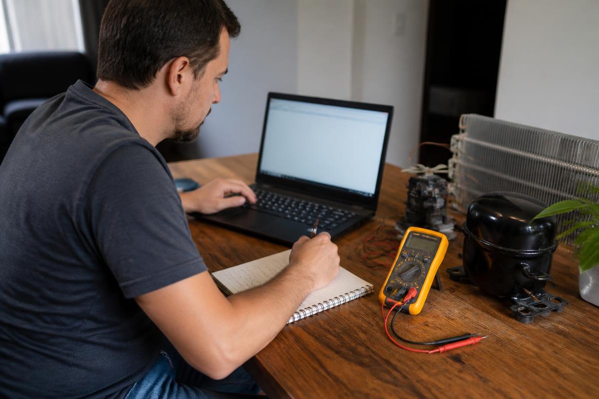 Homem estudando refrigeração pelo notebook em casa com multímetro e peças sobre a mesa