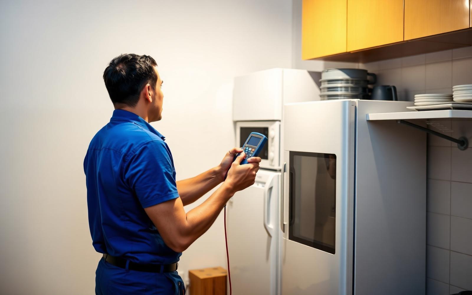 Técnico de refrigeração medindo tensão na parte traseira de uma geladeira com multímetro digital
