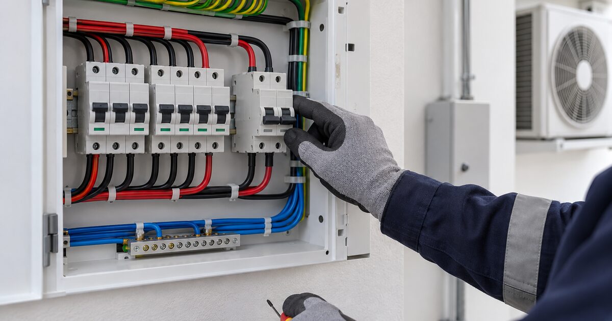 Disjuntor bipolar, cabos elétricos e multímetro usados na instalação de ar-condicionado split