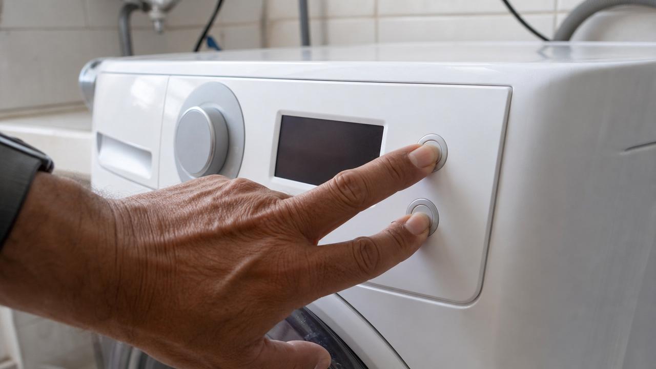 Mão pressionando dois botões simultaneamente no painel de uma lavadora Electrolux para acessar o modo de teste