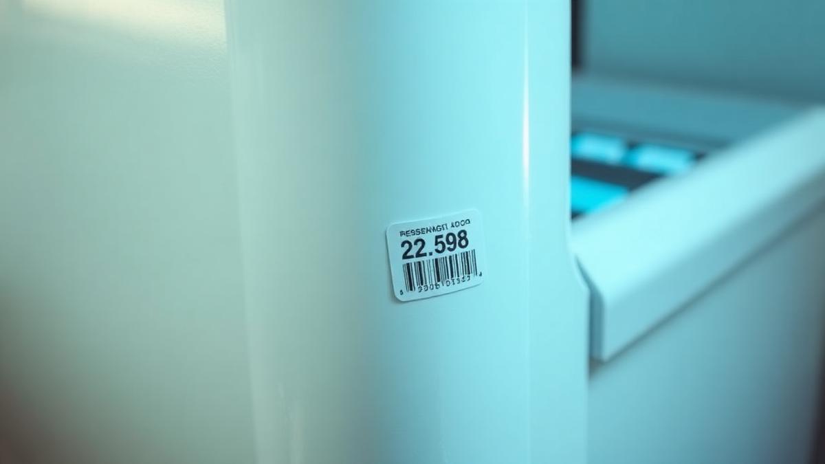 Etiqueta de identificação com código de barras na lateral de uma geladeira