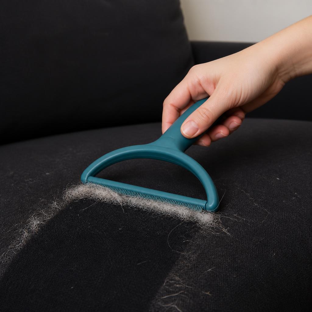 Escova manual com cerdas de silicone semicircular removendo fiapos e pelos brancos acumulados em sofá preto