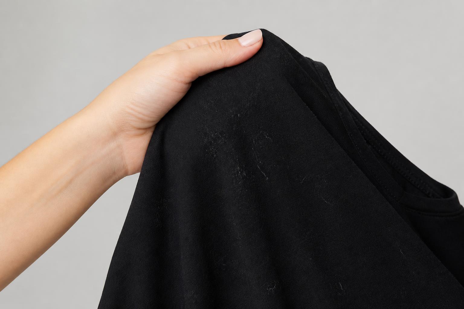 Mão segurando blusa preta com fiapos brancos grudados no tecido