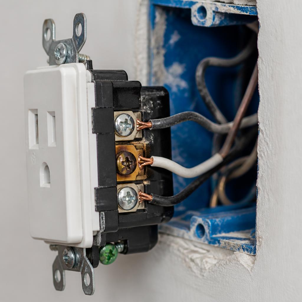 Tomada elétrica retirada da caixa expondo os terminais internos com fios de cobre conectados por parafusos, um dos terminais com sinal de aquecimento