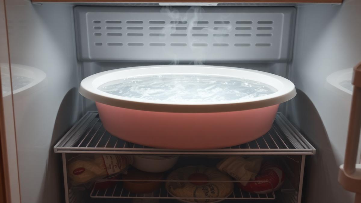 Bacia com água morna colocada dentro do freezer para acelerar o degelo com segurança