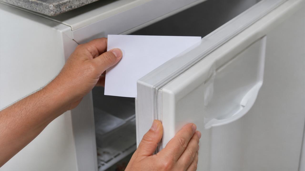 Borracha de vedação da porta do freezer sendo testada com uma folha de papel