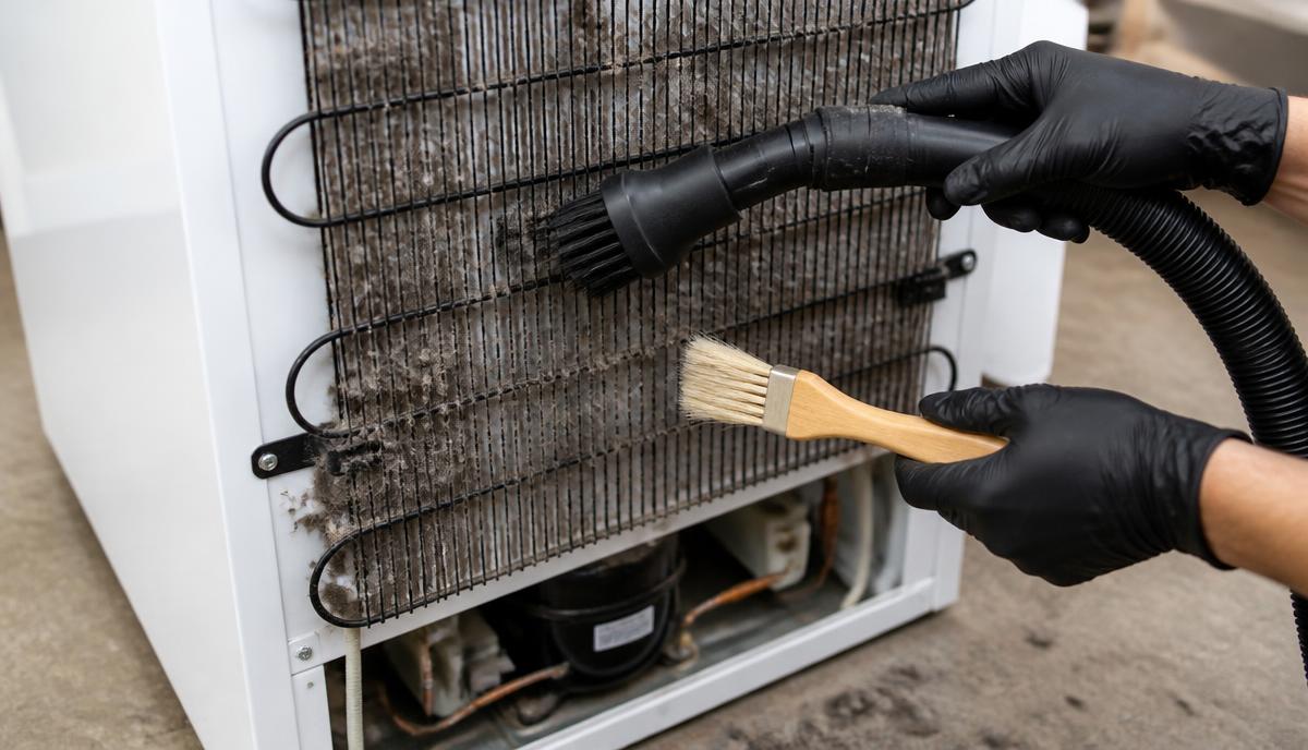 Condensador do freezer sendo limpo e espaço de ventilação garantido