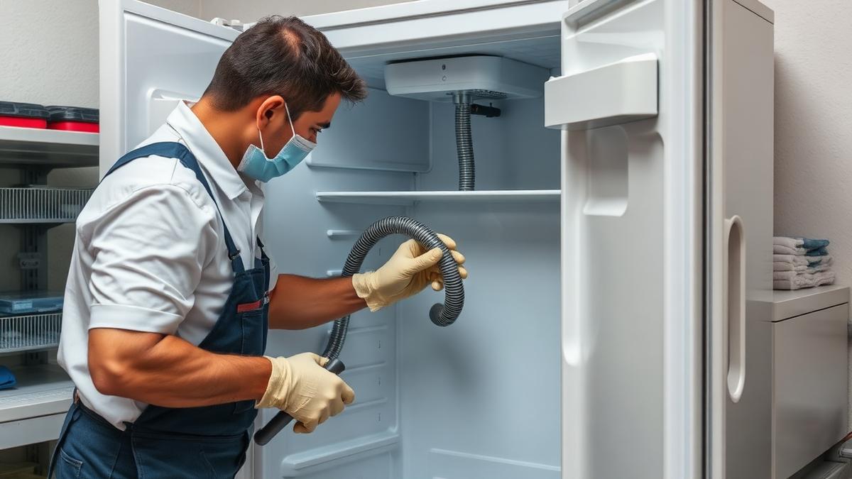 Condensador do freezer sendo limpo e espaço de ventilação garantido