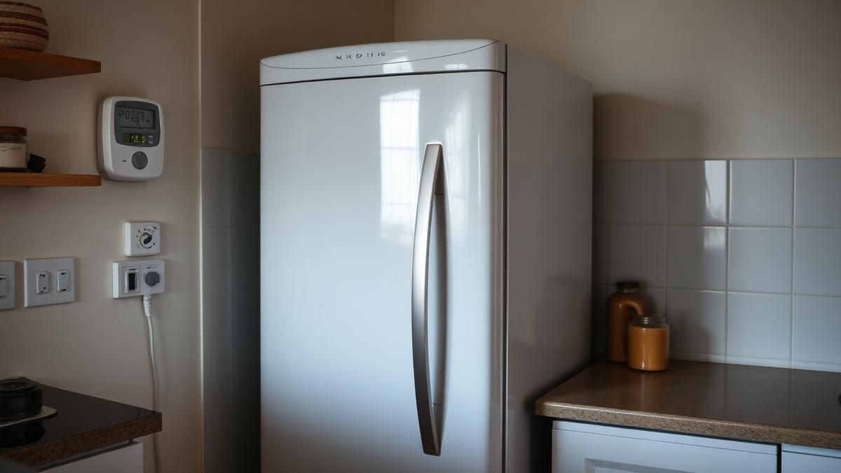 Freezer ao lado da etiqueta do selo Procel de consumo de energia