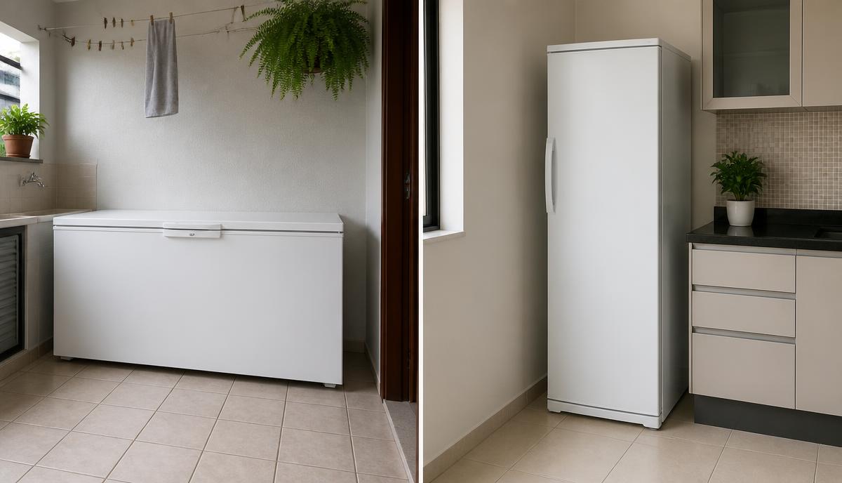 Freezer horizontal em um espaço amplo e freezer vertical em uma cozinha compacta