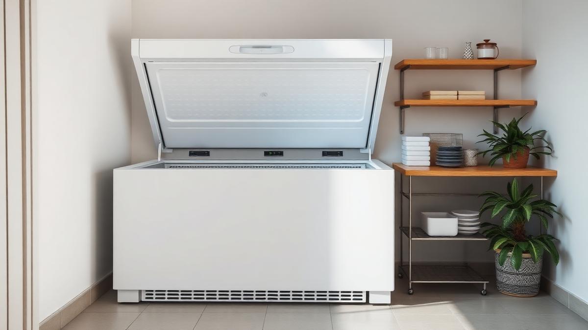 Freezer horizontal em um espaço amplo e freezer vertical em uma cozinha compacta