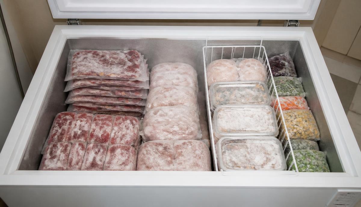Interior de freezer horizontal aberto, com carnes e alimentos congelados empilhados e cesto aramado