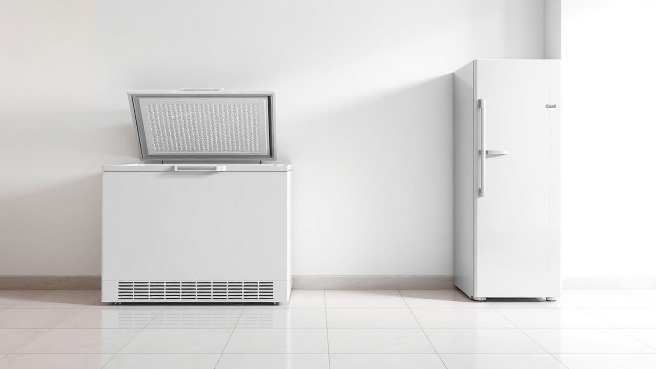 Freezer horizontal e freezer vertical em uma cozinha, representando o guia central