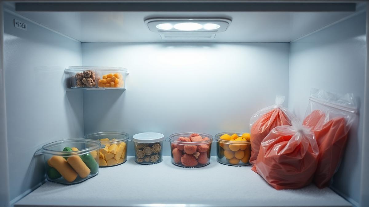 Freezer bem vedado e organizado, sem acúmulo de gelo nas paredes