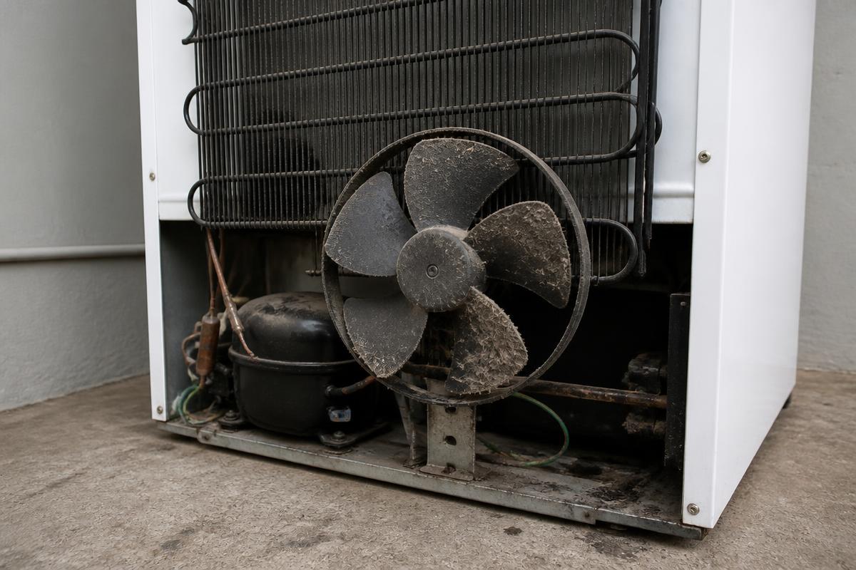 Ventilador externo da condensadora, na parte de trás do freezer, coberto de poeira e fiapos