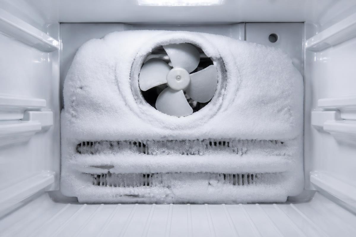 Interior de freezer frost free com bloco de gelo envolvendo a hélice do ventilador do evaporador