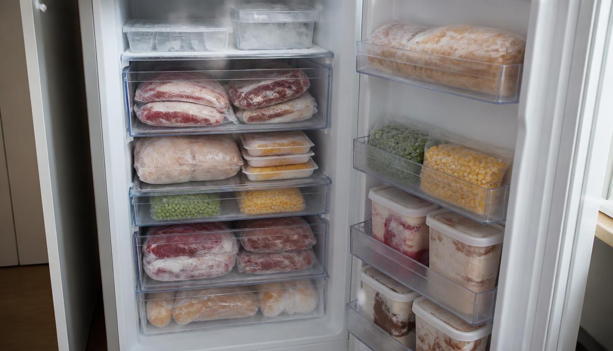 Interior de freezer vertical com gavetas transparentes cheias de carnes, legumes e pães congelados
