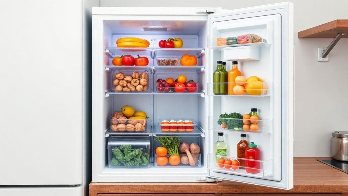 Freezer vertical com gavetas organizadas e alimentos visíveis