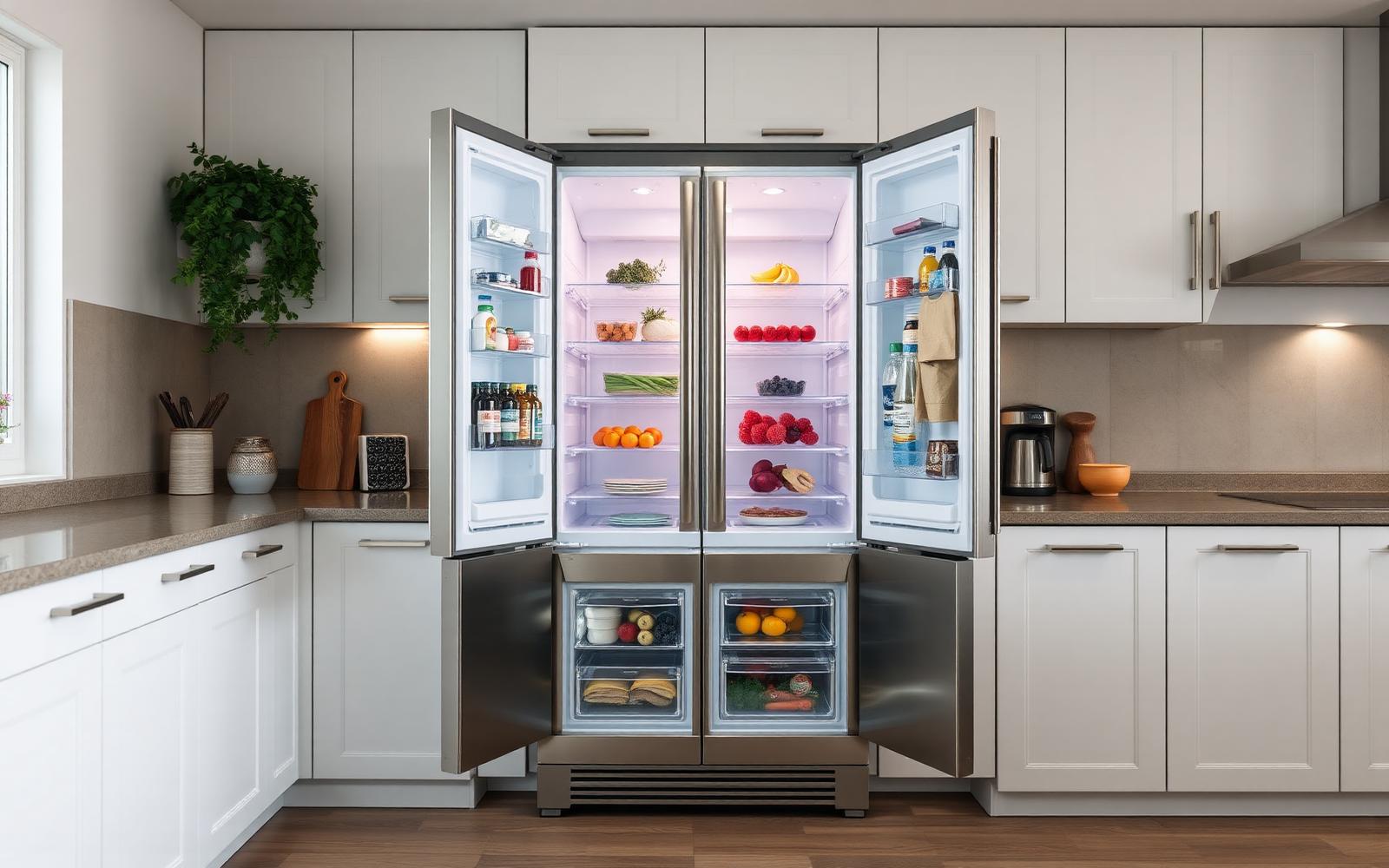 Geladeira French Door aberta mostrando o refrigerador largo em cima e a gaveta do freezer embaixo
