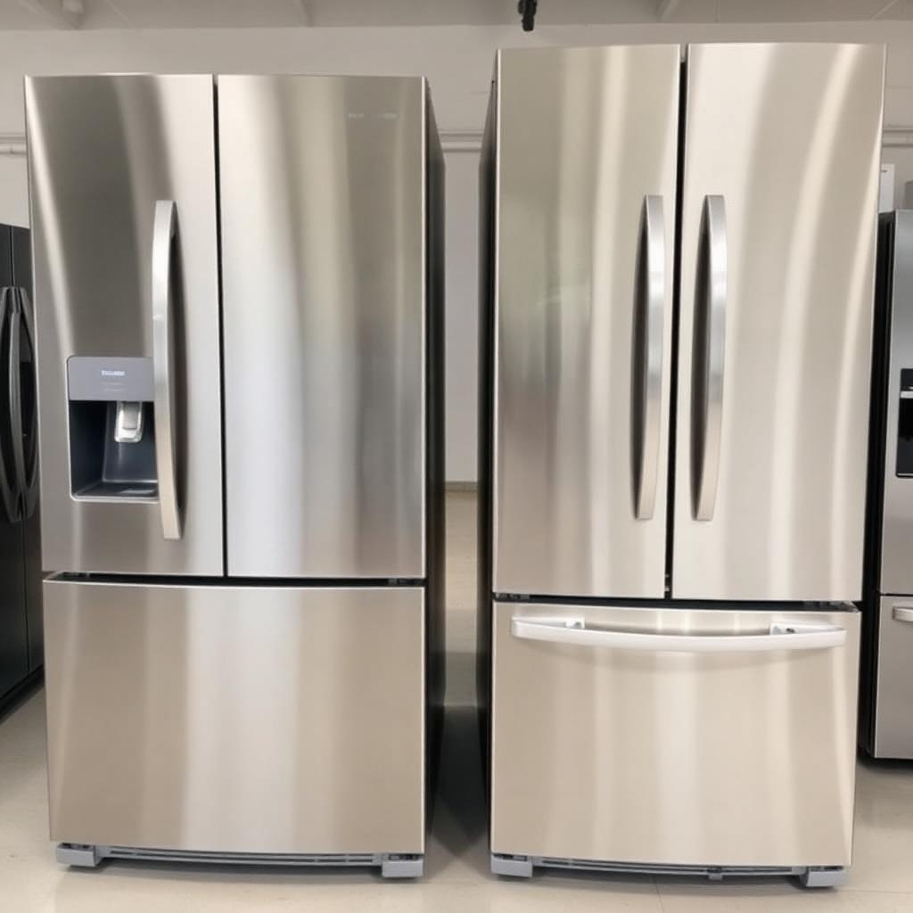 Geladeira French Door e geladeira Side by Side lado a lado em showroom