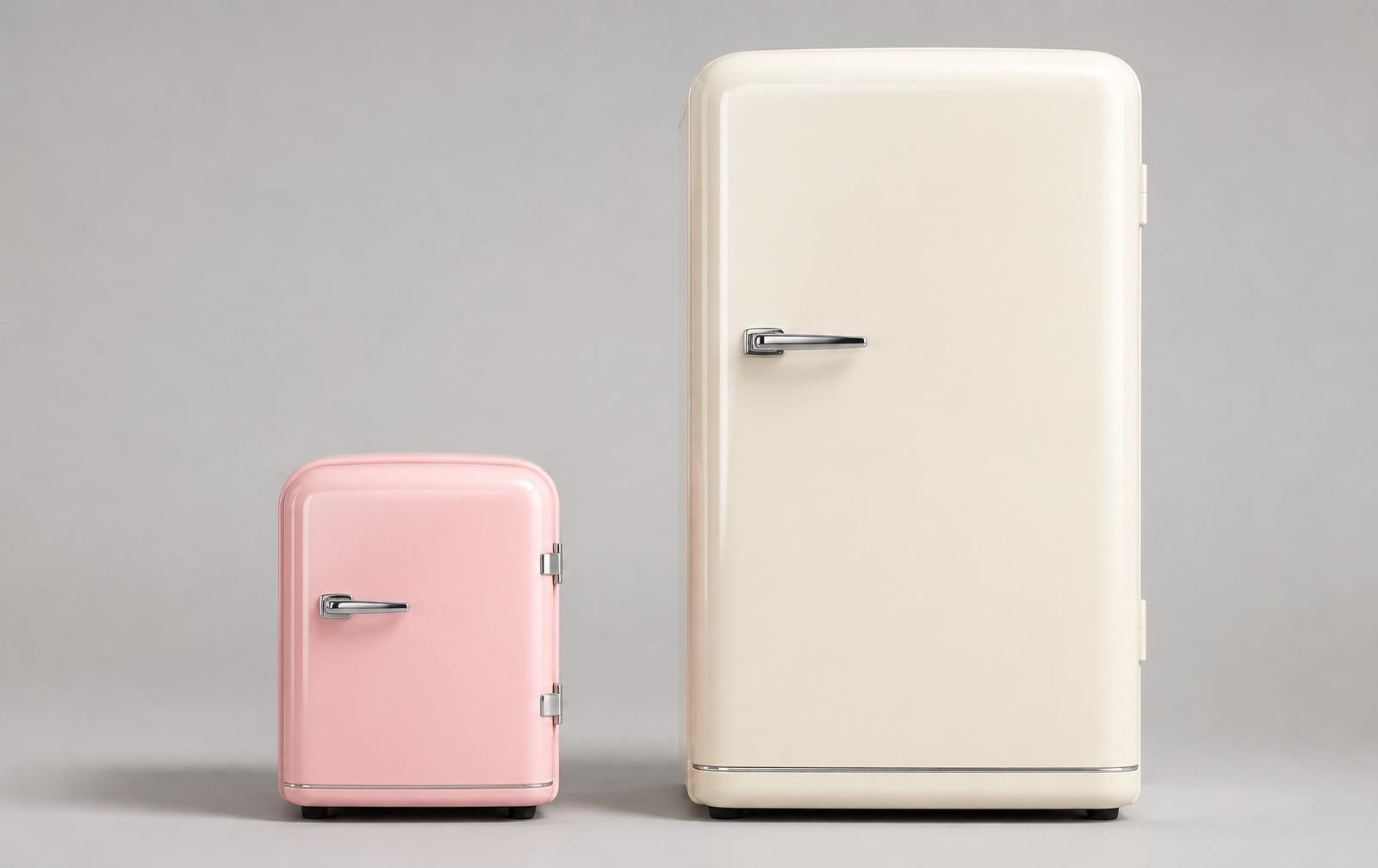 Comparativo lado a lado: frigobar retrô rosa compacto e geladeira retrô cheia em cor creme