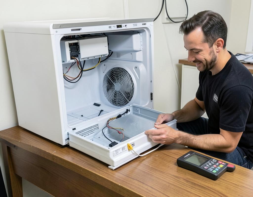 Técnico testando ventilador do evaporador em bancada