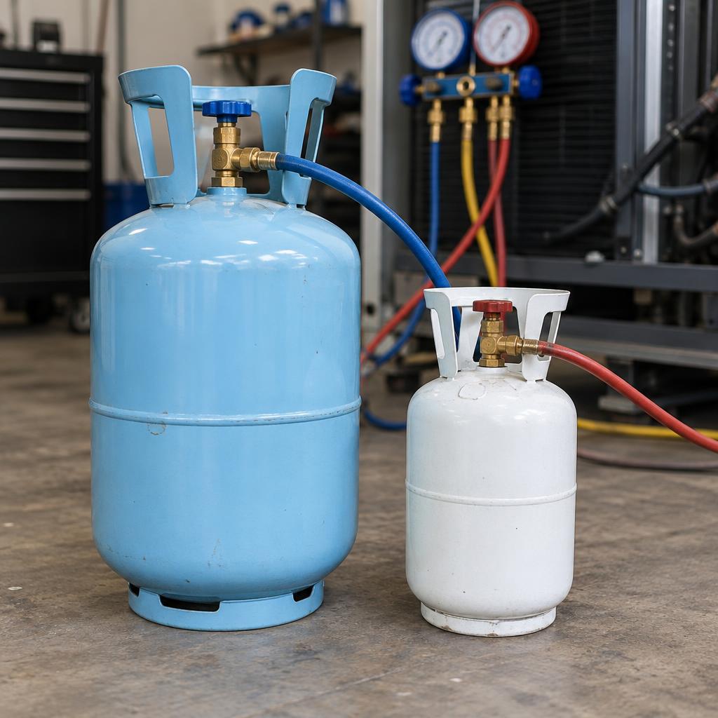 Dois cilindros de gás refrigerante lado a lado, um azul e um verde, com mangueiras de manifold conectadas