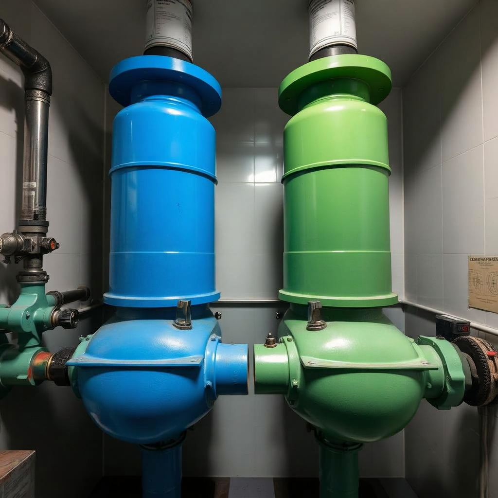 Dois cilindros de gás refrigerante lado a lado, um azul e um verde, com mangueiras de manifold conectadas