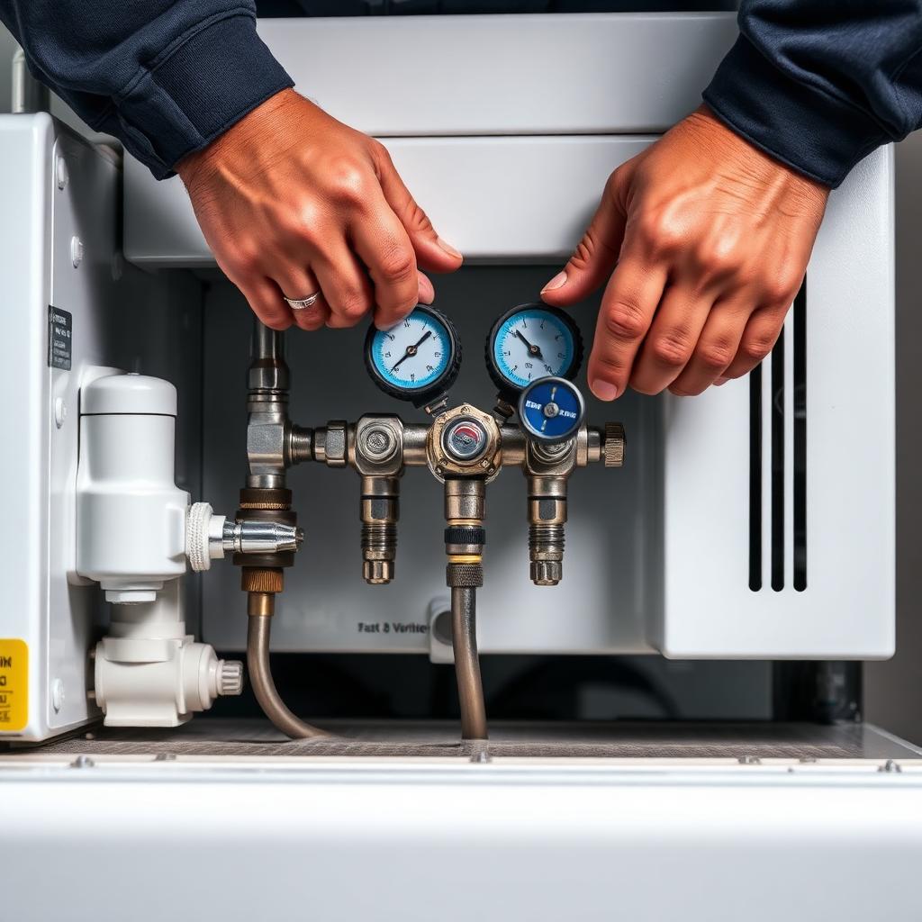 Mãos de técnico refrigerista conectando um manifold com dois manômetros na parte de trás de uma geladeira branca