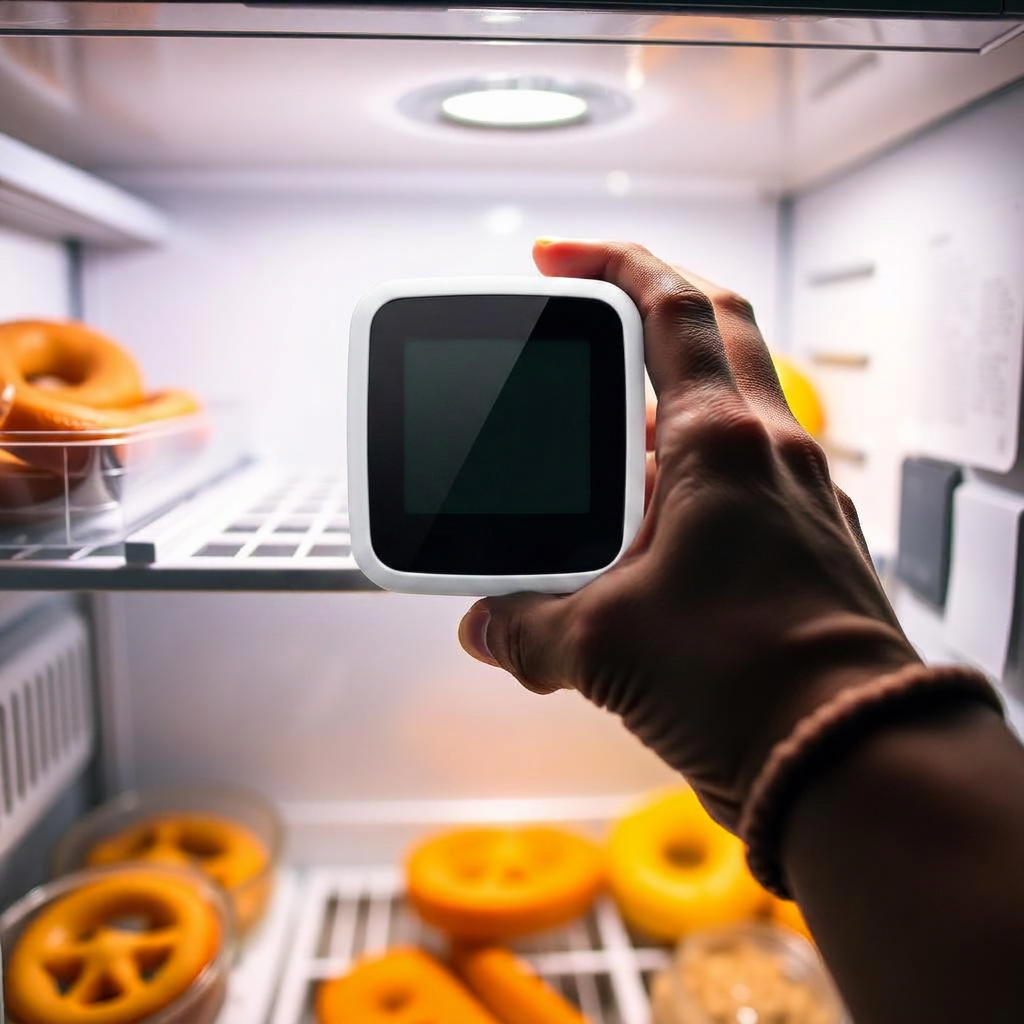 Mão segurando um termômetro digital dentro de uma geladeira aberta com prateleiras e alimentos