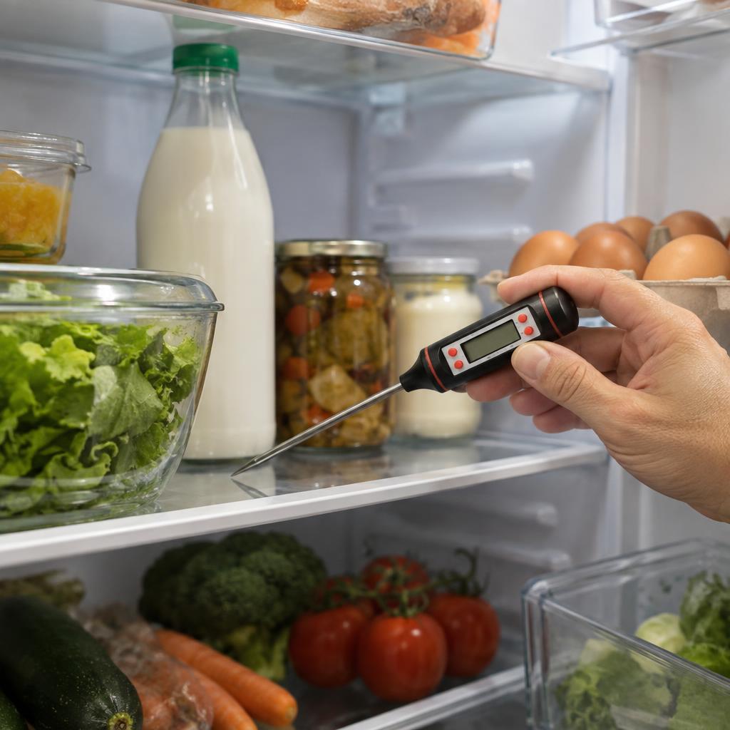 Mão segurando um termômetro digital dentro de uma geladeira aberta com prateleiras e alimentos