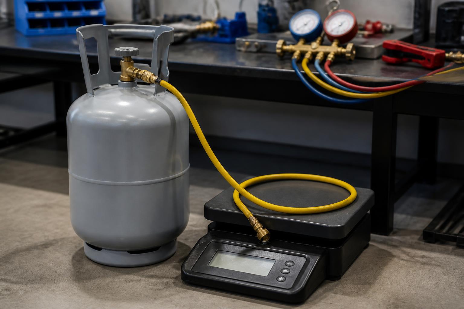 Cilindro de gás refrigerante com mangueira de carga conectada e balança digital em oficina de refrigeração
