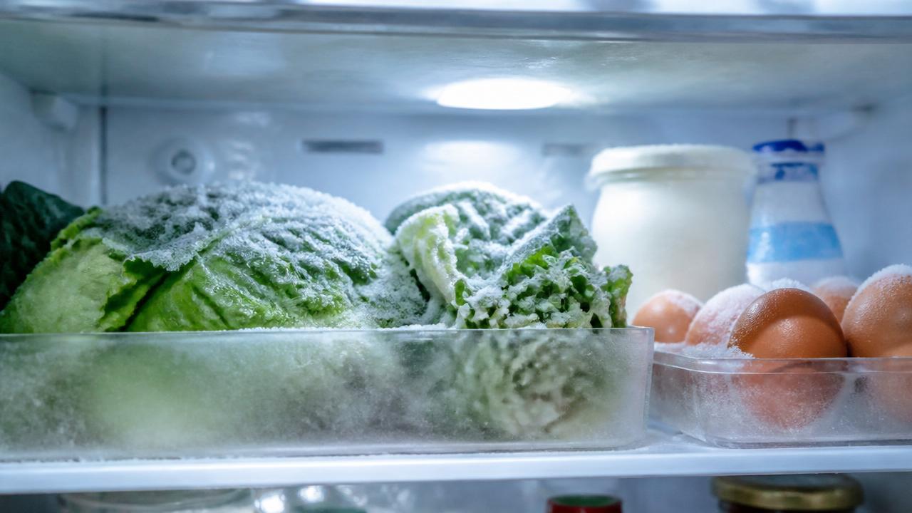 Alimentos na prateleira do refrigerador cobertos por uma fina camada de gelo, indicando frio excessivo