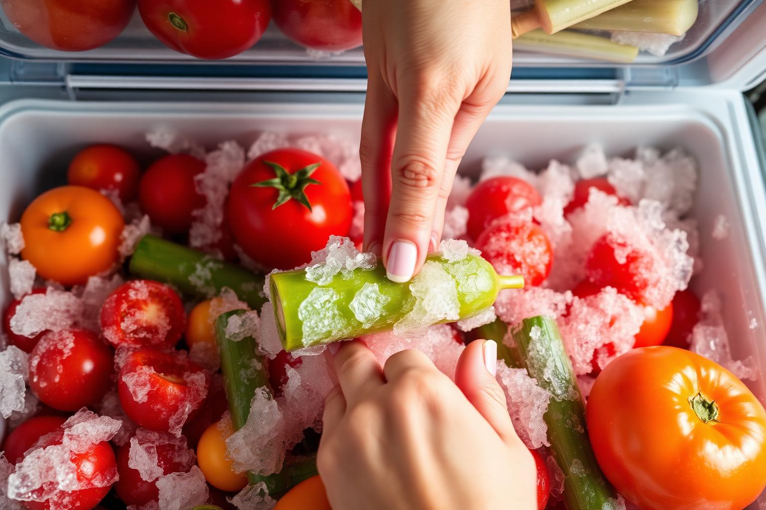 Gaveta de legumes da geladeira com verduras e tomates cobertos por cristais de gelo