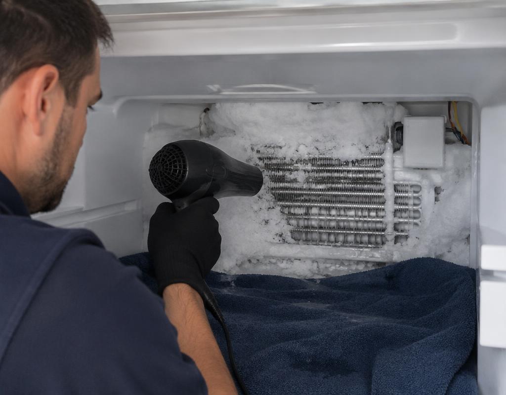 Técnico fazendo degelo manual com secador no evaporador