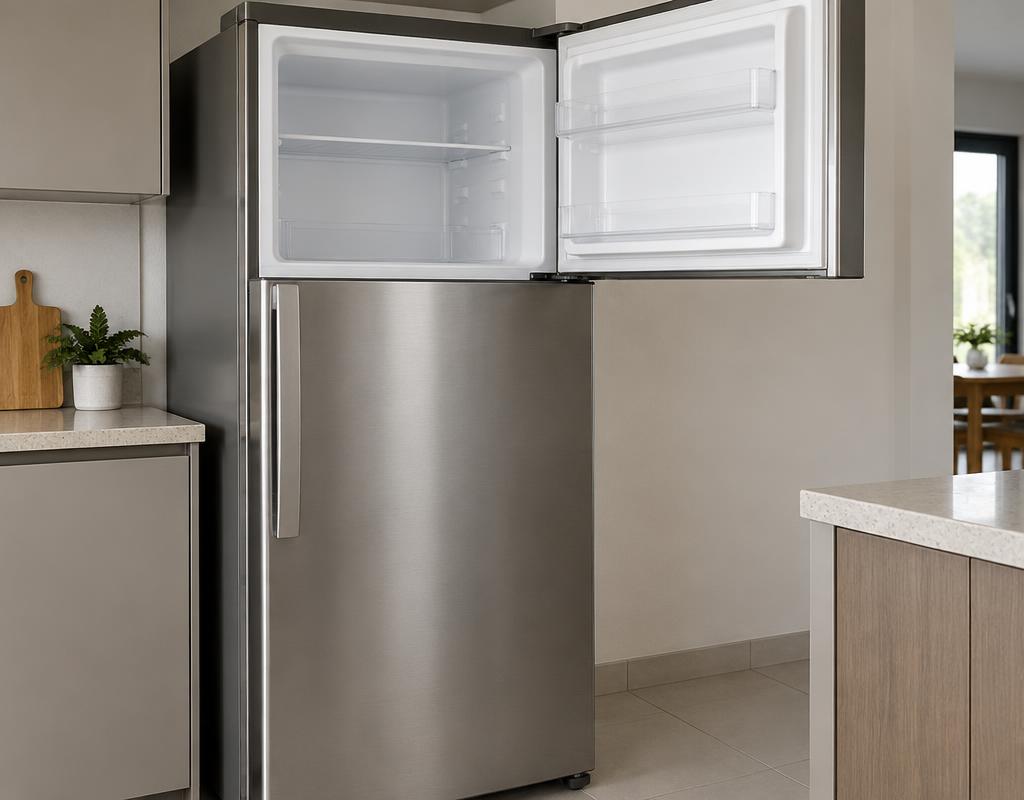 Geladeira duplex inox com porta do freezer aberta