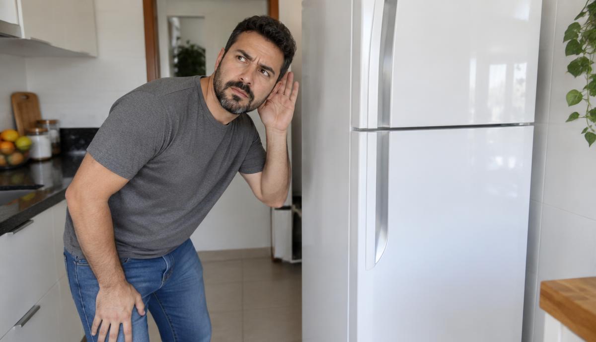 Pessoa ouvindo barulho vindo da parte de trás de geladeira frost free em cozinha residencial