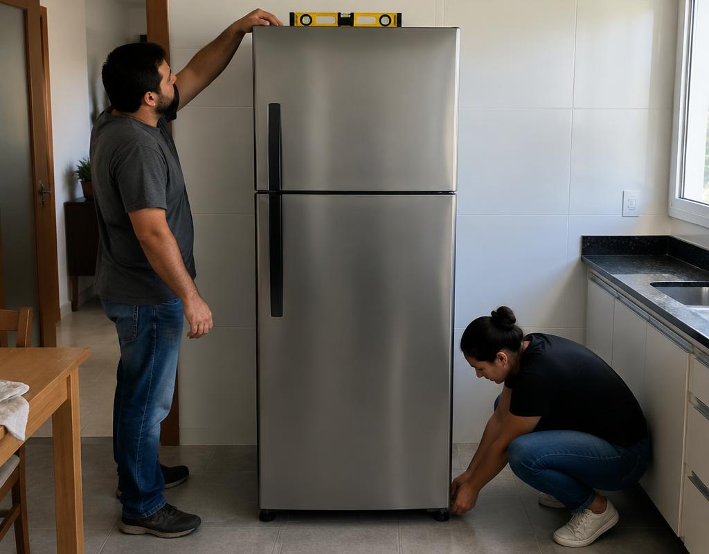 Casal nivelando geladeira nova com nível de bolha e pés reguláveis