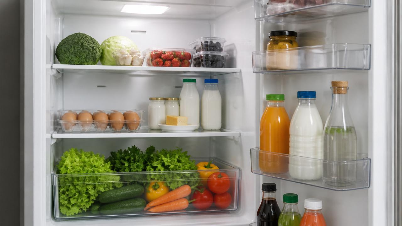 Interior de geladeira organizado, com verduras na gaveta e ovos na prateleira do meio