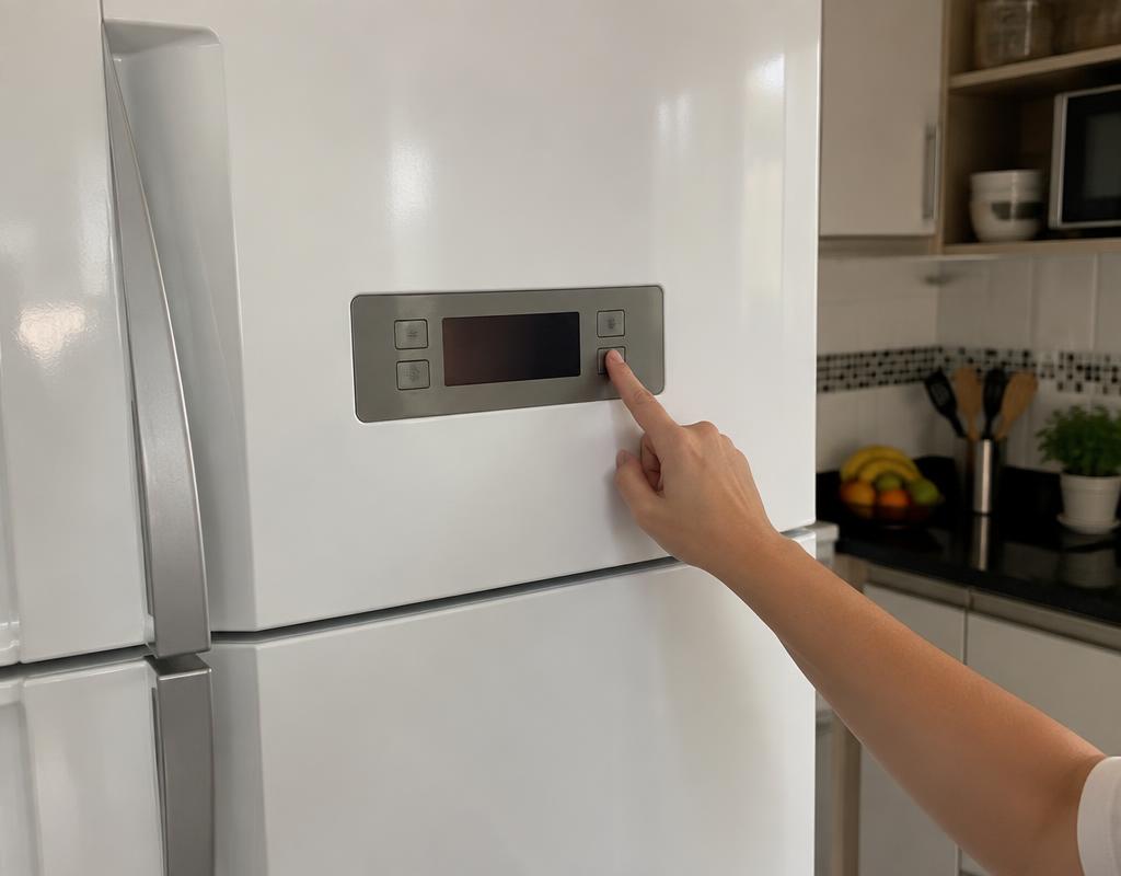 Painel de geladeira frost free com display e mão pressionando botão