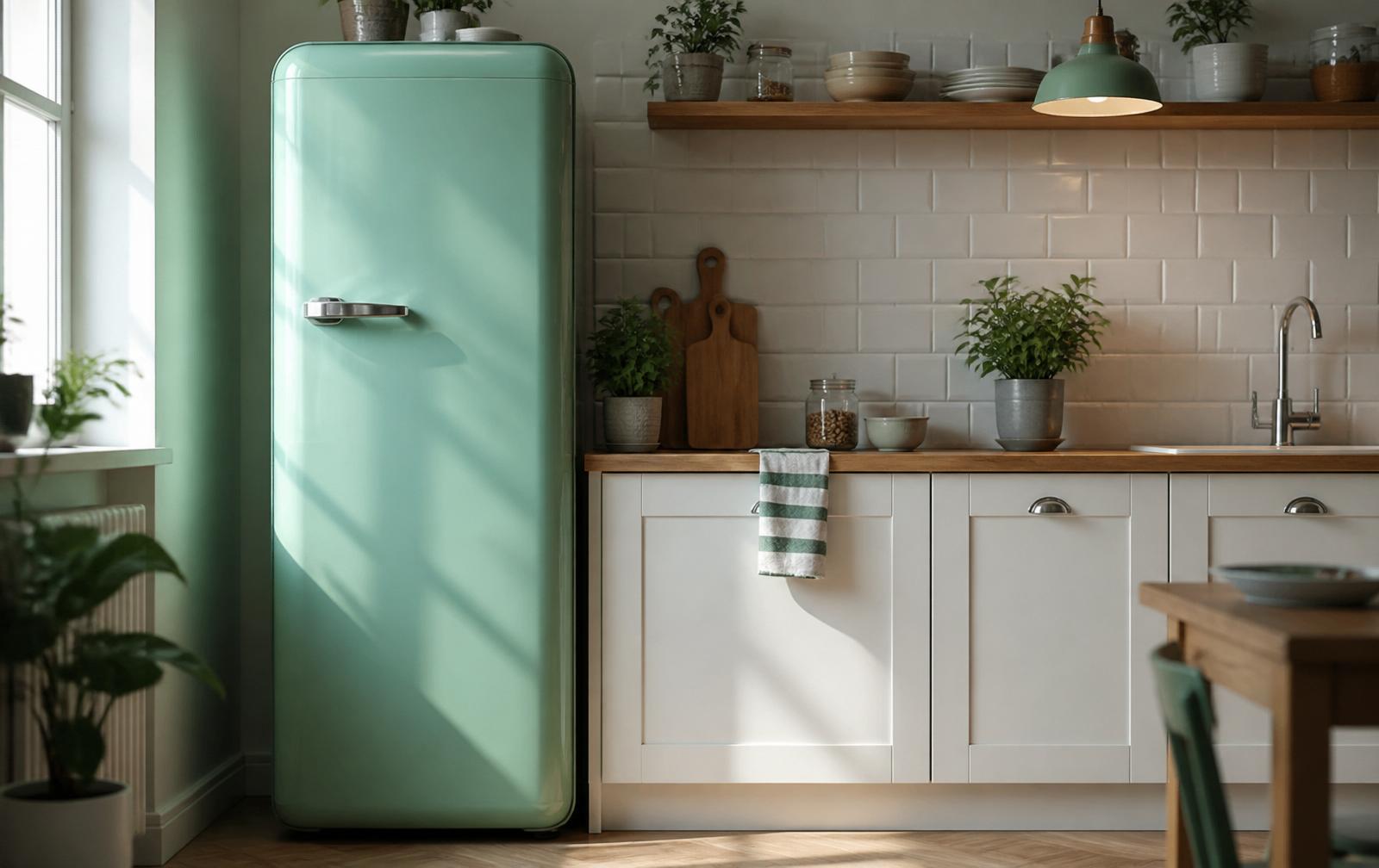 Geladeira retrô verde-água em cozinha moderna com azulejo metrô branco
