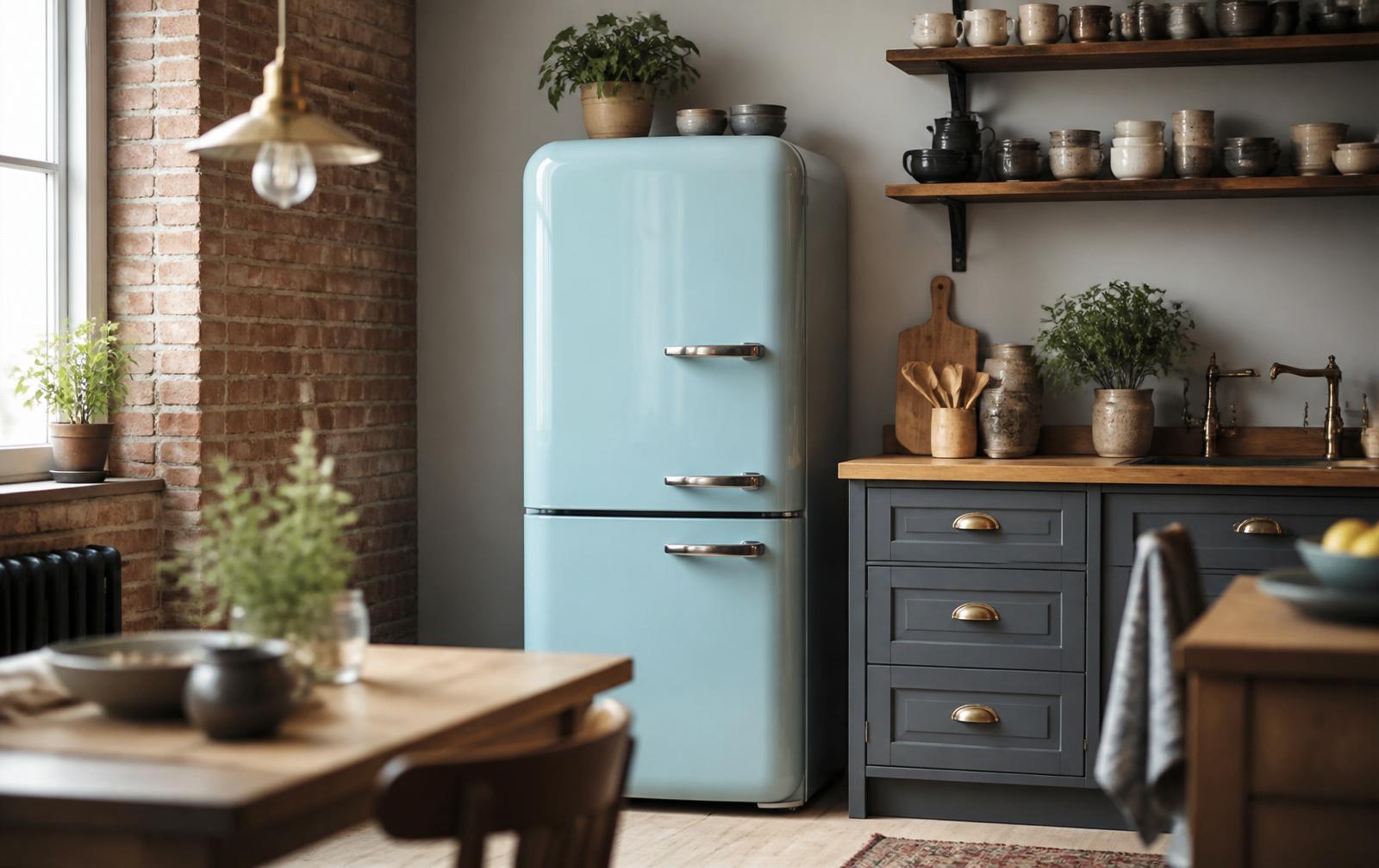 Geladeira retrô azul-pastel em cozinha estilo industrial-escandinavo com parede de tijolo aparente