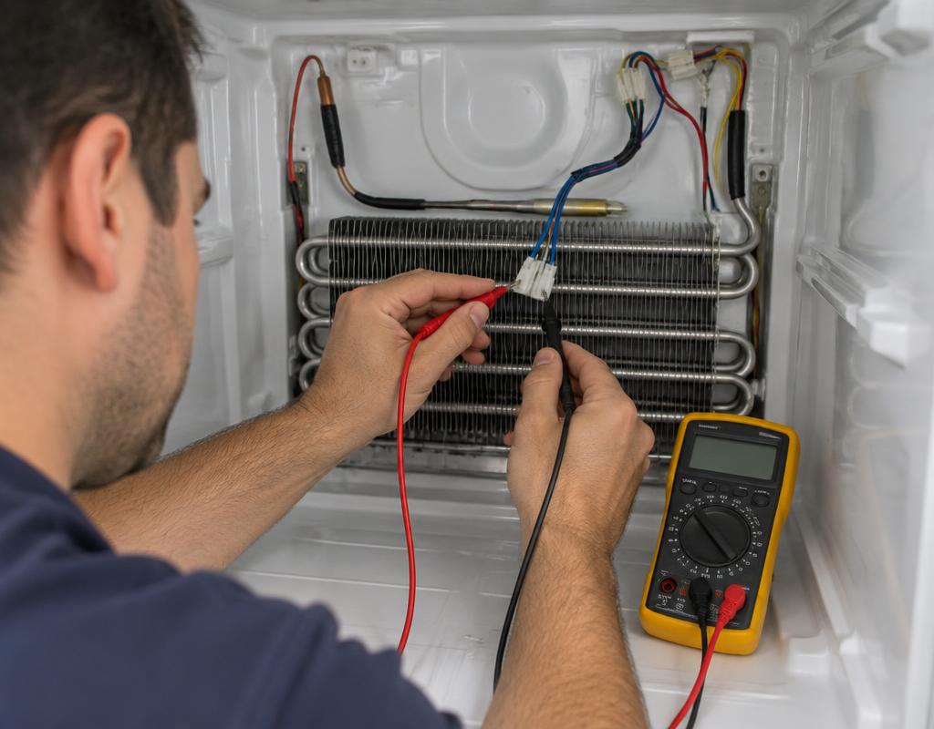 Técnico medindo sensor de temperatura dentro do freezer com multímetro