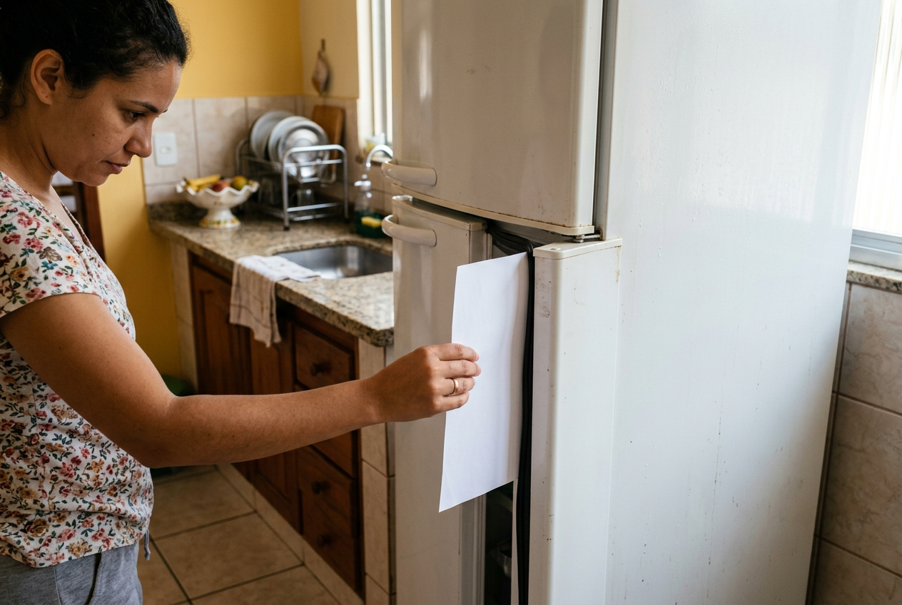 Teste de papel na porta da geladeira para avaliar a força de vedação da borracha.