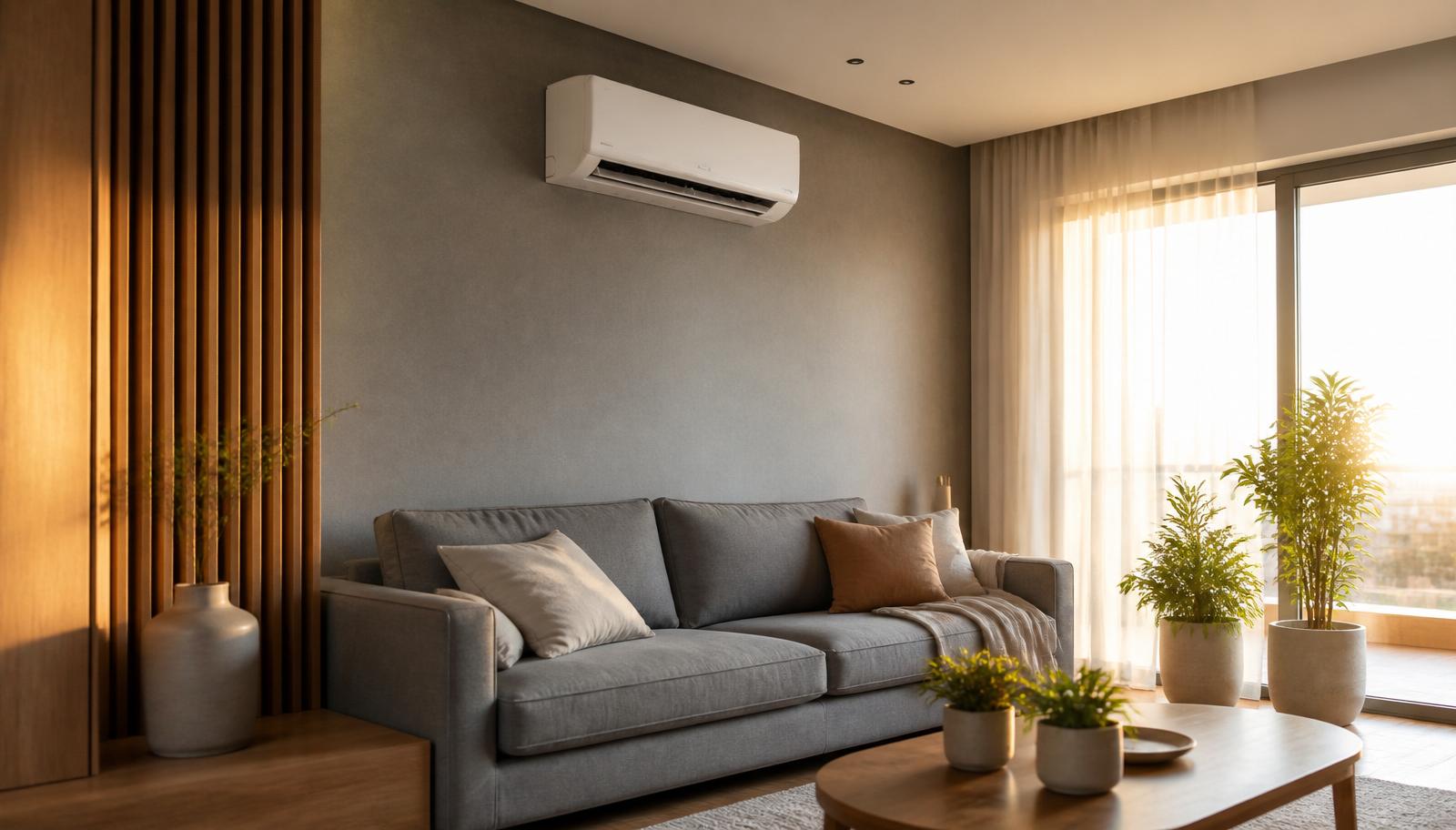 Sala de estar contemporânea com ar-condicionado split branco instalado sobre o sofá, luz natural entrando pela janela