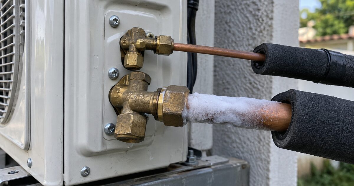 Gelo na tubulação de cobre de um ar-condicionado split durante diagnóstico técnico