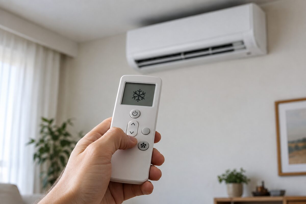 Controle remoto de ar-condicionado ajustado no modo COOL, com símbolo de floco de neve