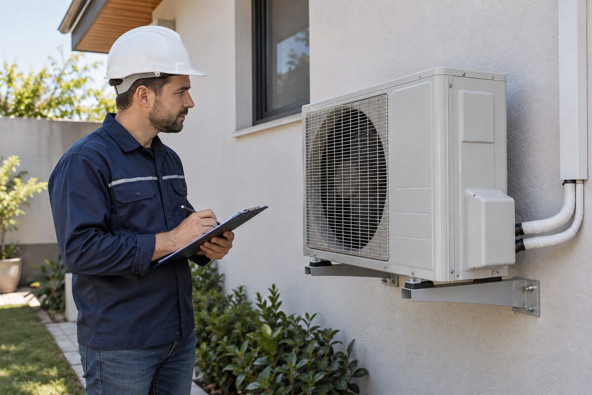 Técnico inspecionando unidade condensadora de ar-condicionado split