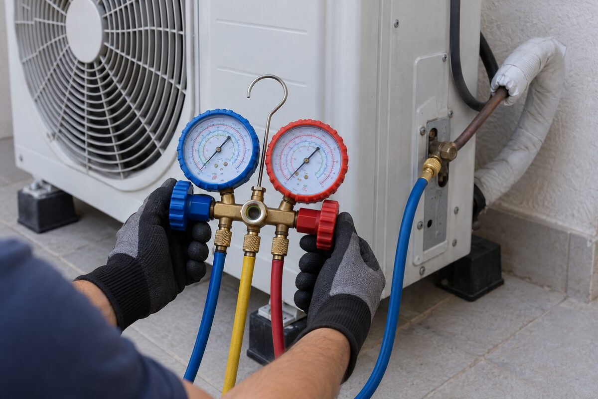 Técnico usando manifold durante diagnóstico do circuito frigorífico de ar-condicionado