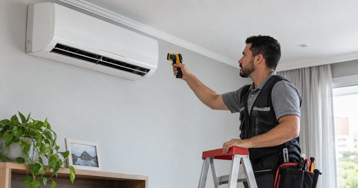 Técnico diagnosticando ar-condicionado que liga, mas não gela e só ventila